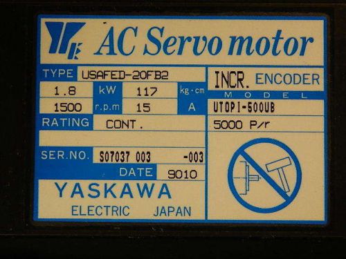 YASKAWA USAFED-20FB2 UTOPI-500UB AC SERVO MOTOR w/ 90 WARRANTY