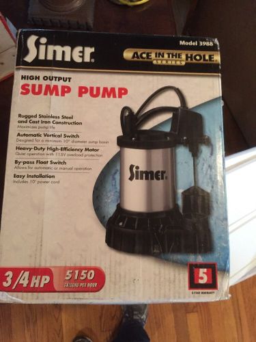 Simer 3/4 HP Stainless Steel Cast Iron High Output Sump Pump 3988 Ace In Hole !!
