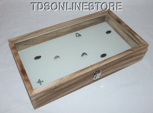 Rustic Antique Oak Color 72 Ring Glass Top Display Case White 3&#034; Deep