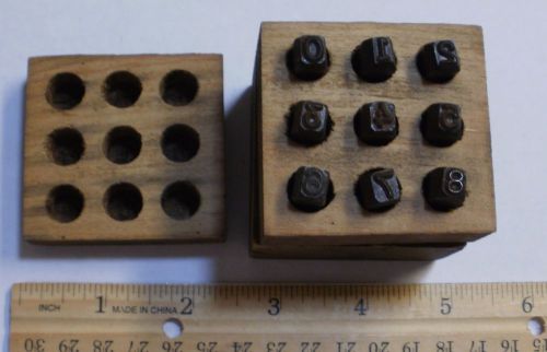 Vintage Metal Steel Stamps Punches NUMBERS 0-8 with wood box, 9 pieces