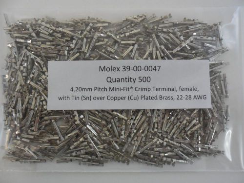 39-00-0047, Molex, Mini-Fit, Bag of 500, Female, 22-28 AWG, Tin(39-00-0046 reel)