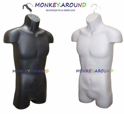 Lot of 2 male mannequins black,white torso body form,2 hook-display men clothing for sale