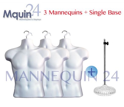 3 WHITE MALE TORSO MANNEQUINS +3 HANGERS +1 STAND : MAN BODY FORM DISPLAY