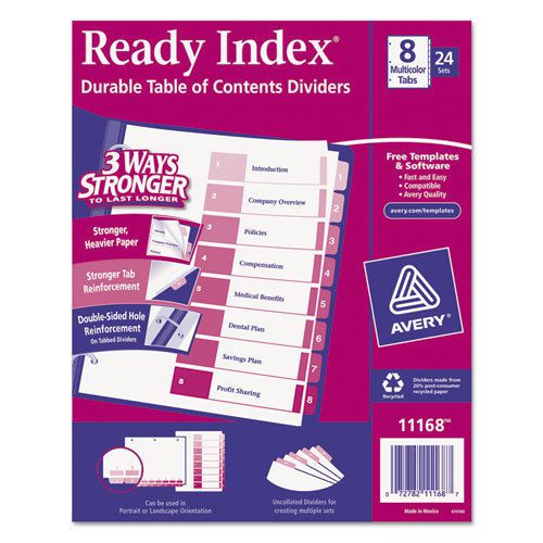 Ready Index Table/Contents Dividers, 8-Tab, 1-8, Letter, Assorted, 24 Sets/Box