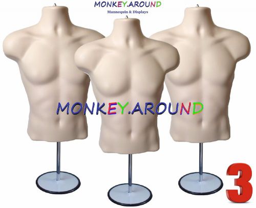 3 Male Mannequin Flesh Torso Forms +3 Hook +3 Stand - Display&#039;s Men Shirt Pants