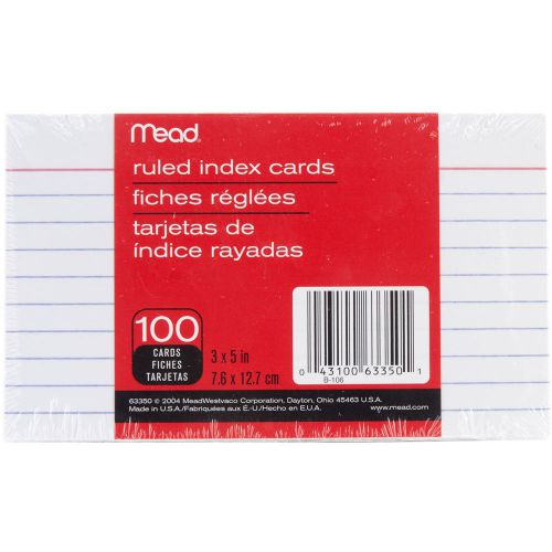 Index Cards 3 Inch X 5 Inch 100/Pkg-Ruled White 043100633501