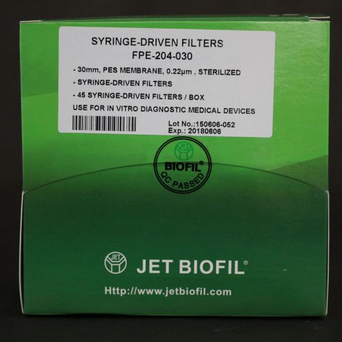 Syringe filters, pes, 0.22 micron, 30 mm, sterile, box of 45 for sale