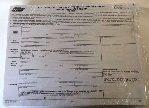 NOTICE OF INTENT TO DISPOSE OF VEHICLE - DMV 684 - CAR LOT DEALERSHIP SUPPLIES