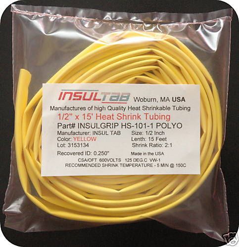 1/2&#034; x 15&#039; feet insulgrip hs-101 heat shrink tube tubing yellow polyolefin for sale