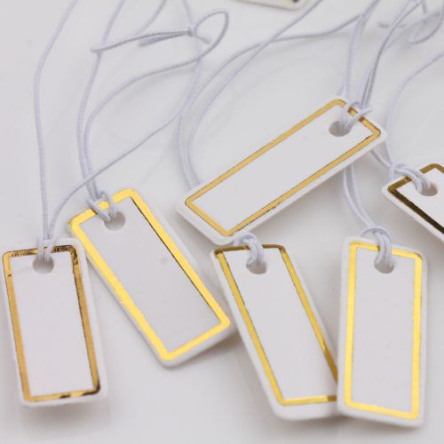 100pcs White Gold Paper Jewelry Label Price Tags With Elastic String 25X10mm