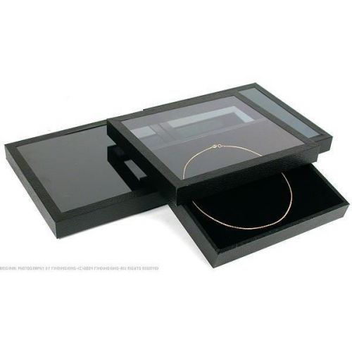 3 Black Velvet Jewelry Pad Display &amp; Acrylic Lid Tray