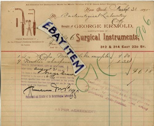 1895 BILLHEAD George Ermold NEW YORK Manufacturer SURGICAL INSTRUMENTS O&#039;Dwyer