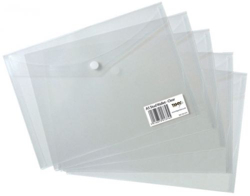 5 x A5 Stud Wallet Folder Clear Plastic Document Holder File With Press Stud Pop