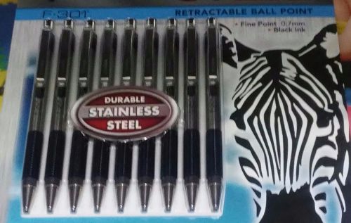 Zebra F-301 Retractable Ball Point Pen Black Ink Fine 0.7mm Stainless Steel 9 PK