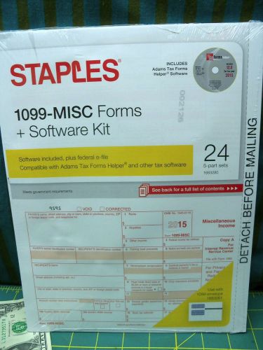Staples 1099-MISC Forms &amp; Software Kit 24 - 5 Part Sets 2015 Inkjet Laser