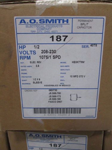 A.O. Smith Condenser Fan Motor 187, 1/2 Hp, 208-230V, 1 PH, HE3K779N, 1/2&#034; Shaft