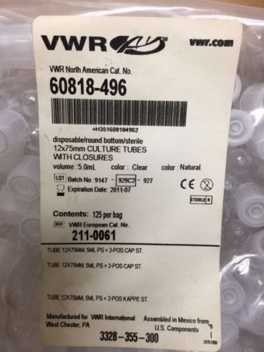 VWR Disposable round bottom sterile culture Tubes 60818-496 5ml 8x(125/pack)