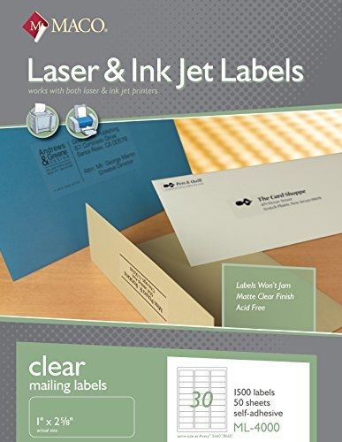 Maco laser/ink jet matte clear address labels, 1 x 2-5/8 inches, 30 per sheet, for sale
