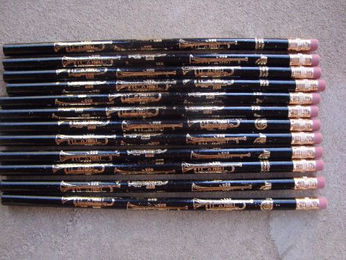 1 Dz TRUMPET Pencils 7.5&#034; L Black with Gold Trumpets Great Music Gift NEW