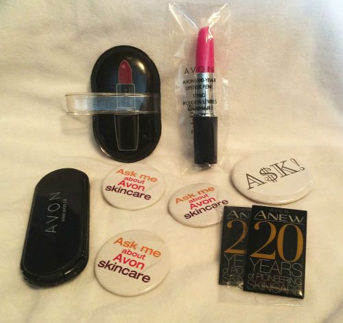 Avon Sales Tools, 9 pieces incl lint brush, screen cleaner, 5 pins, lipstick pen