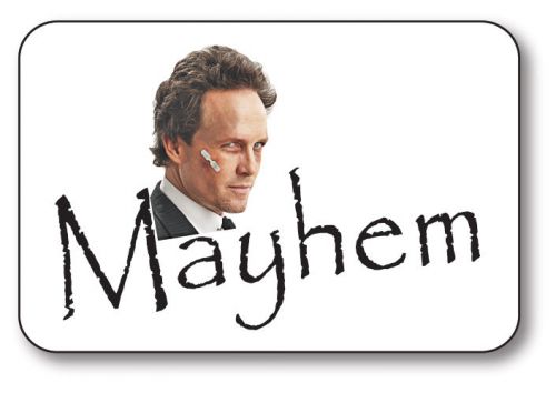 Mayhem from allstate commercial name badge halloween costume prop pin back for sale