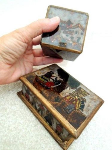 Business Card Box &amp; Matching Paperweight Wooden Desk Set with Native Folk Scenes