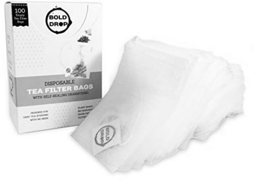BoldDrop Premium Empty Drawstring Disposable Tea Filter Bags - 100 Bags (Bleach