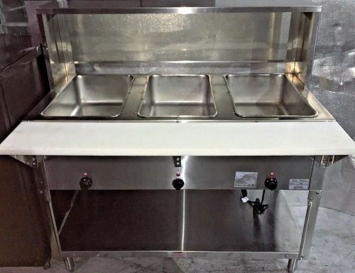 3 well hot food table w/ cafeteria style sneeze guard and ss pan liners for sale