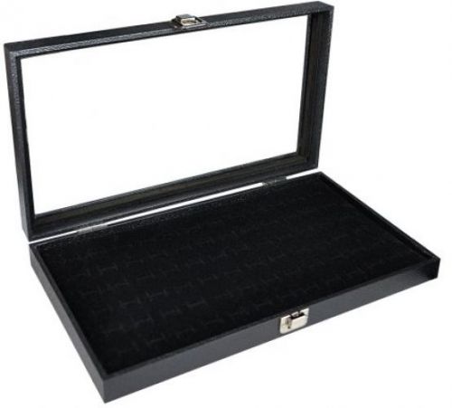 Glass Top Black Jewelry Display Case With 72 Slot Ring Tray 14 3/4 W X 8 1/4 D