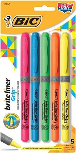 Bic brite liner grip highlighter, chisel tip, assorted colors, 5-count for sale