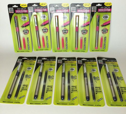 LOT of 11! Zebra R-301 Roller Ball Pen, Medium, 0.7 mm &amp; Highlighter H-301 Steel