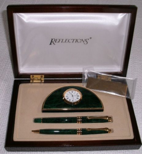 Reflections Fine Writing Instruments Pen/Clock Desk Set-- Green Marble