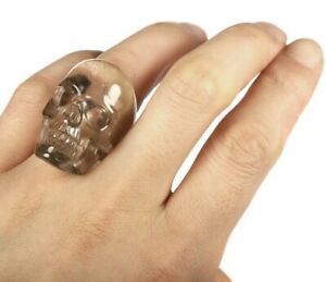 Size 1.4, SMOKY QUARTZ ROCK CRYSTAL Carved Crystal Skull Ring, Jewelry #059