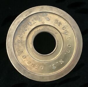 ANTIQUE RUSSELL &amp; STOLL 2820 INDUSTRIAL BRASS ELECTRIC RECEPTACLE OUTLET FLANGE
