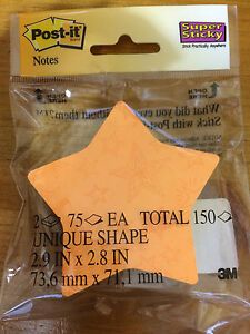 Post-It Notes 3M Super Sticky STAR Shape 2 pads 75 each Golden Yellow 2.9&#034;x 2.8&#034;