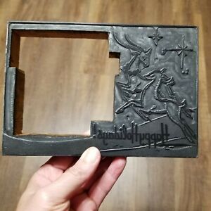 Vtg Letterpress Printing Block Christmas Happy Holidays with Reindeer