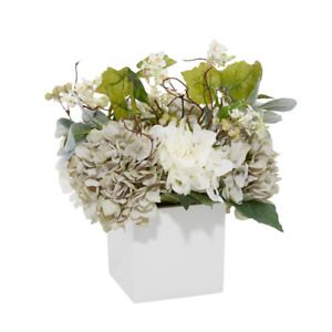 23 In. L X 20 In. H Teal and White Mixed Floral Arrangement in Square White Pot