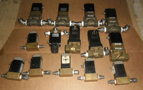 Lot of 14 burkert 1/4&#034;,3/8&#034;,1/2&#034; npt 120v &amp; 24vdc brass solenoid valves for sale