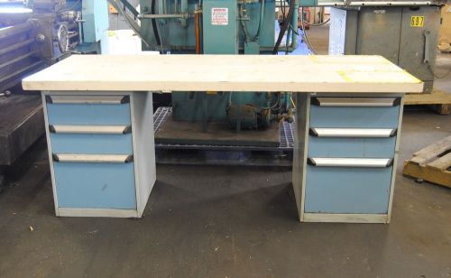 Rousseau work bench. 2 Rousseau cabinets with laminate work top Vidmar