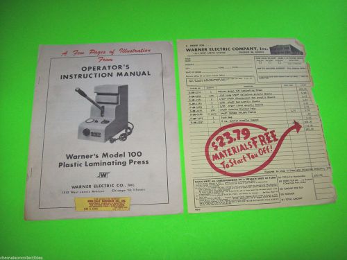 1950s WARNER ELECTRIC CO. MODEL 100 PLASTIC LAMINATING PRESS MANUAL + ORDER FORM