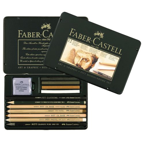 FABER CASTELL Metal Tin 12 PITT Monochrome Pastel Art Set - Drawing Art 112960