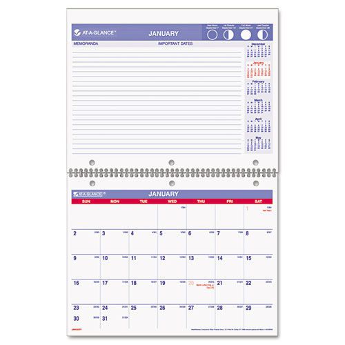 At-a-glance wirebound desk/wall monthly calendar 3 hole punched 11x8 1/2 for sale