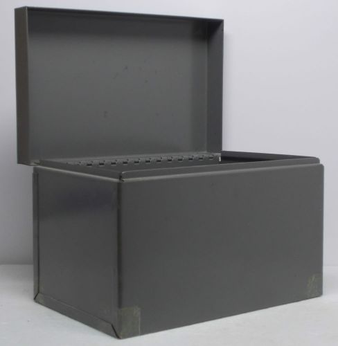 Metal Index CARD FILE Box / Gray - 8 1/2 Across X 5 5/8 Tall X 5 3/8 Deep