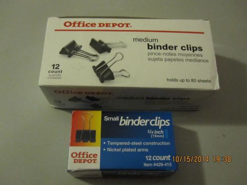 Office depot brand,small &amp; medium binder clips 12ct each, black, 3/4&#034; 19mm *new* for sale