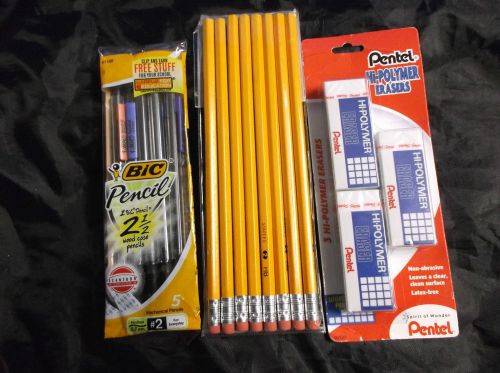 3 pentel erasers, 5 Bic 0.7mm #2 mechanical pencils, 8 HB #2 wood pencils