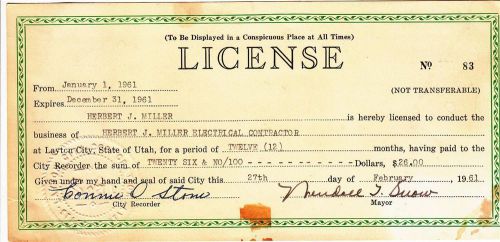 1961 Vintage Electrical Contractor License Layton City Utah