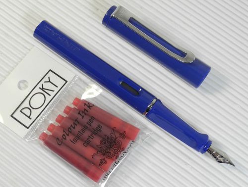 JINHAO 599B Fountain pen BLUE plastic barrel + 5 POKY cartridges RED ink