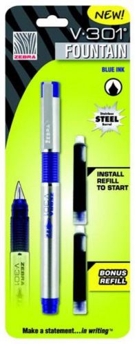 Zebra V-301 Stainless Steel Fountain Pens Blue With Bonus Refill