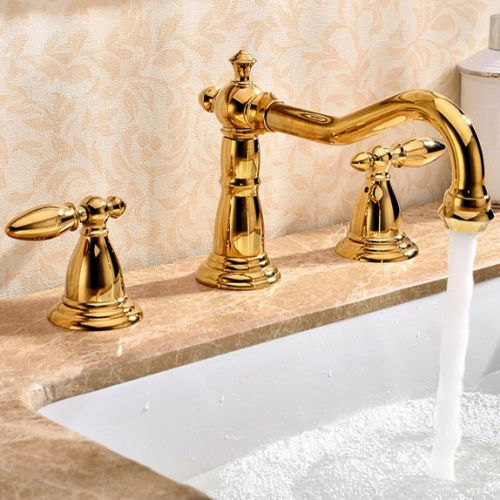 Modern 3 Hole Ti-PVD Gold Widespread Bathroom Sink Faucet Tap Free Shipping
