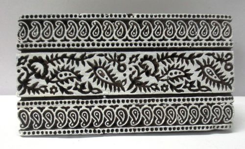 VINTAGE WOODEN CARVED TEXTILE PRINTING FABRIC BLOCK STAMP FLORAL PAISLEY BORDER